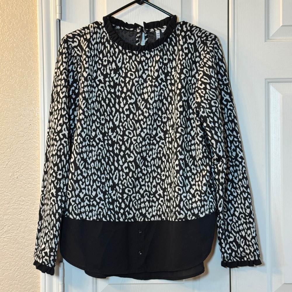 Elle Blouse Black White Leopard Print Layered Ruffle Mixed Media Top Women Large
